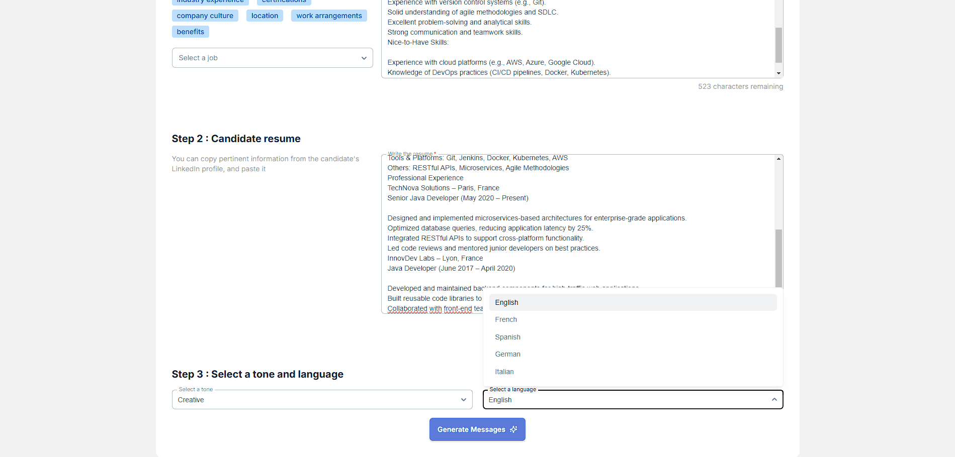 Formulaire rempli avant la génération d'un message sur talentotouch.com