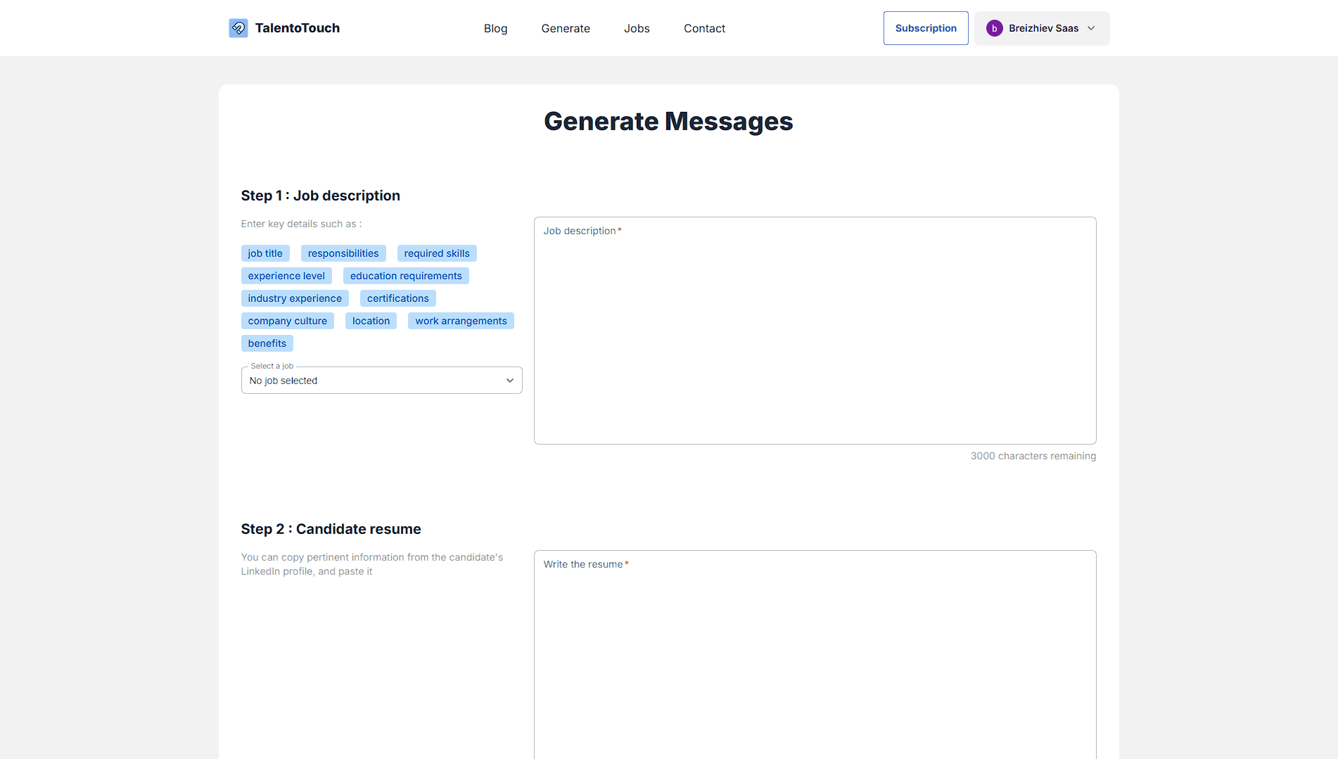 Formulaire vide avant la génération d'un message sur talentotouch.com