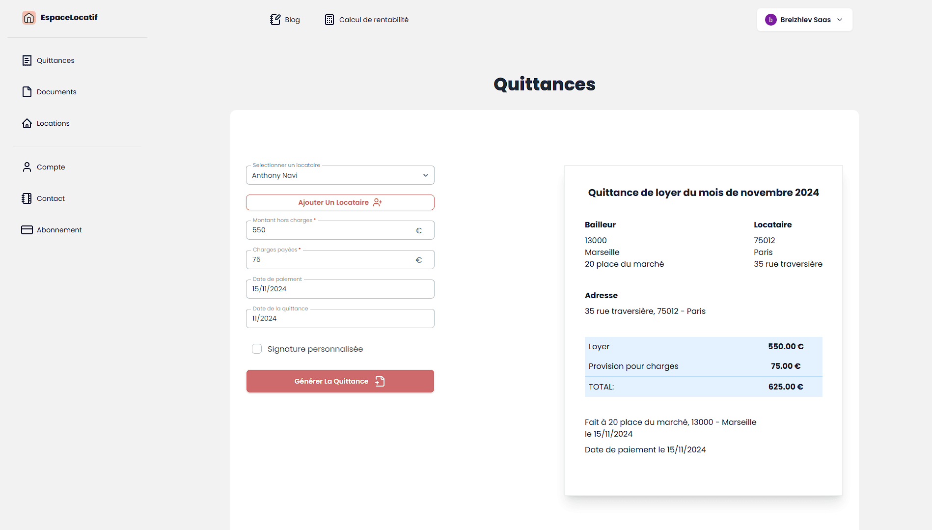 le formulaire pour généré les quittances sur sur www.espacelocatif.fr