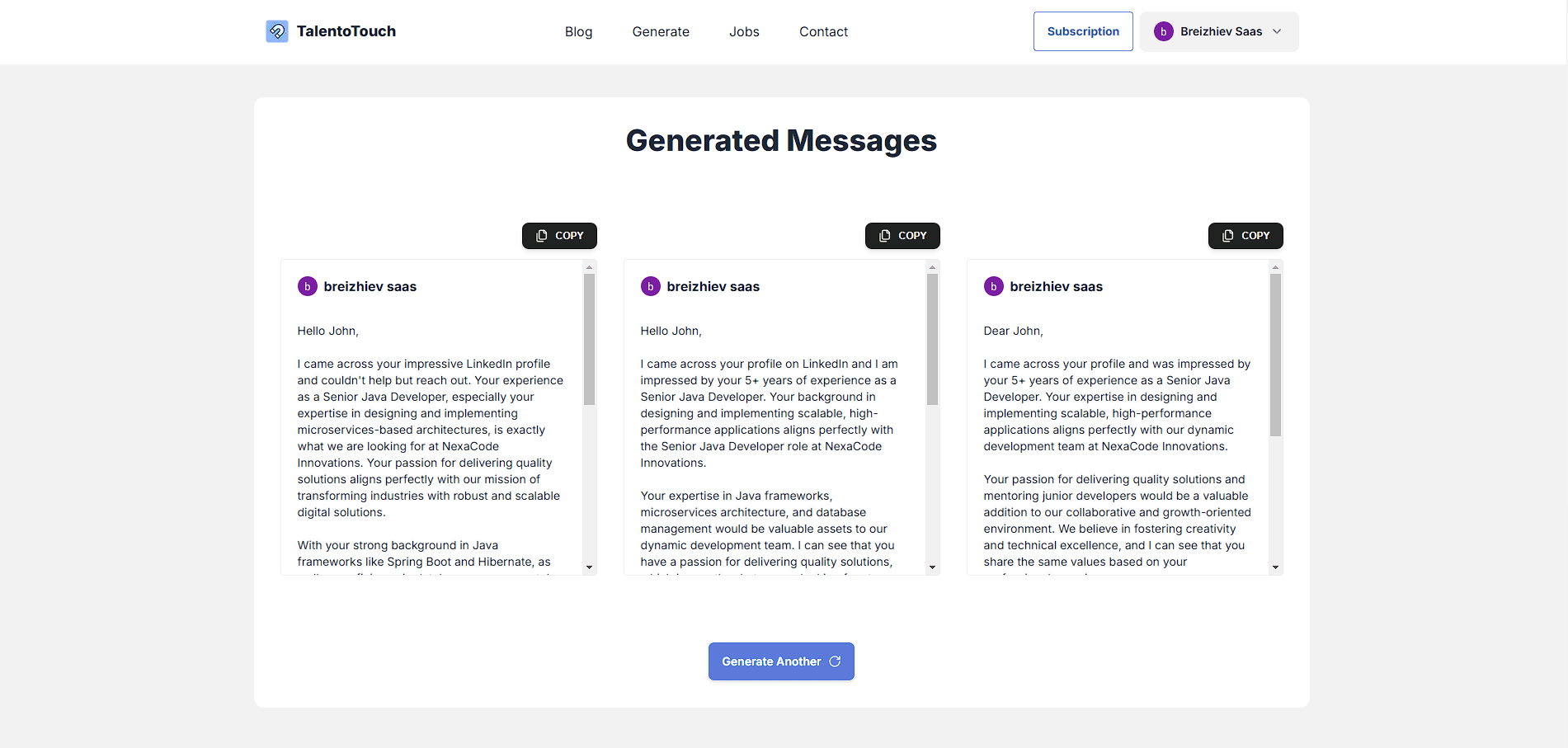 3 résultats de la génération d'un message sur talentotouch.com